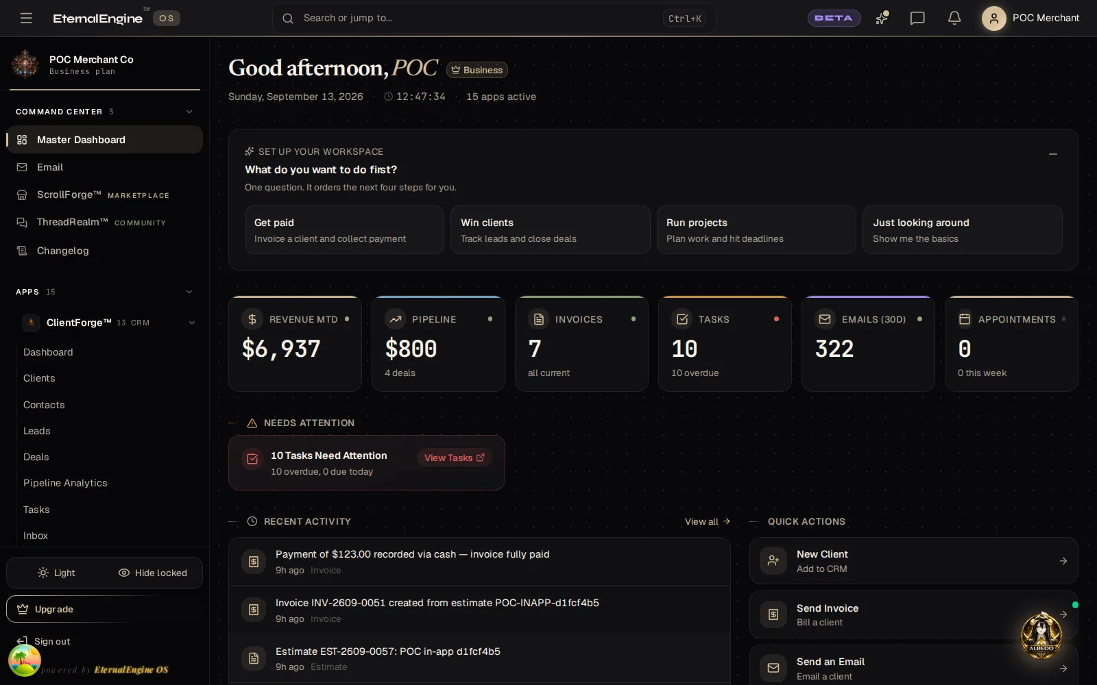 Business overview dashboard with revenue, pipeline, invoices, tasks and appointments