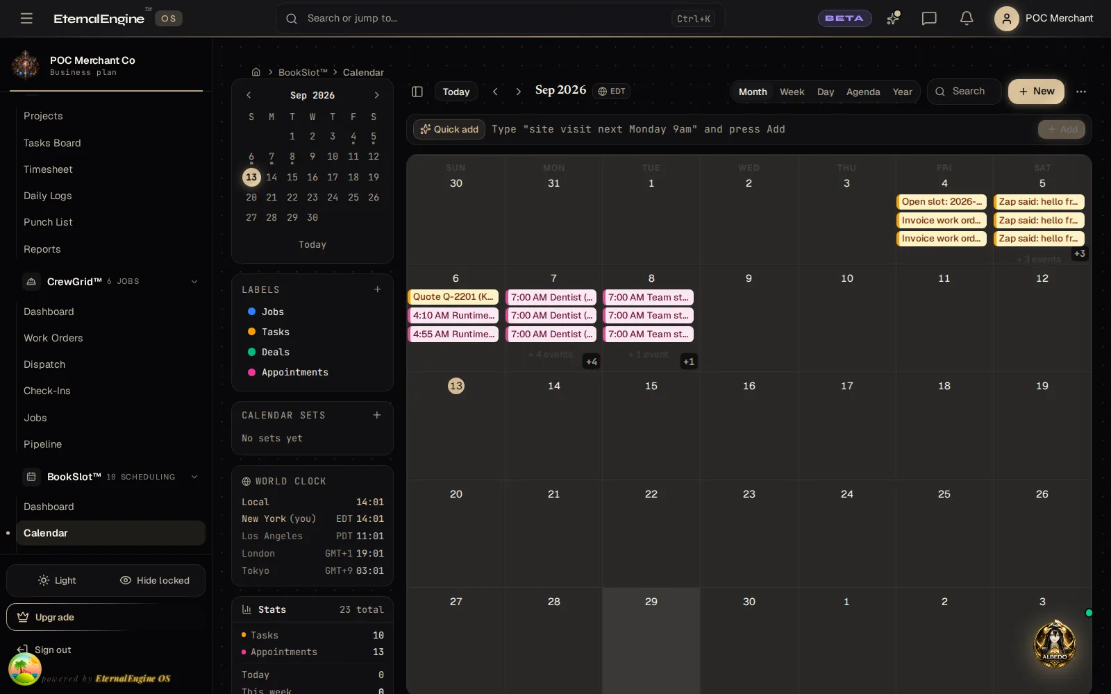 Month calendar with appointments, standups, invoice and quote events on many days