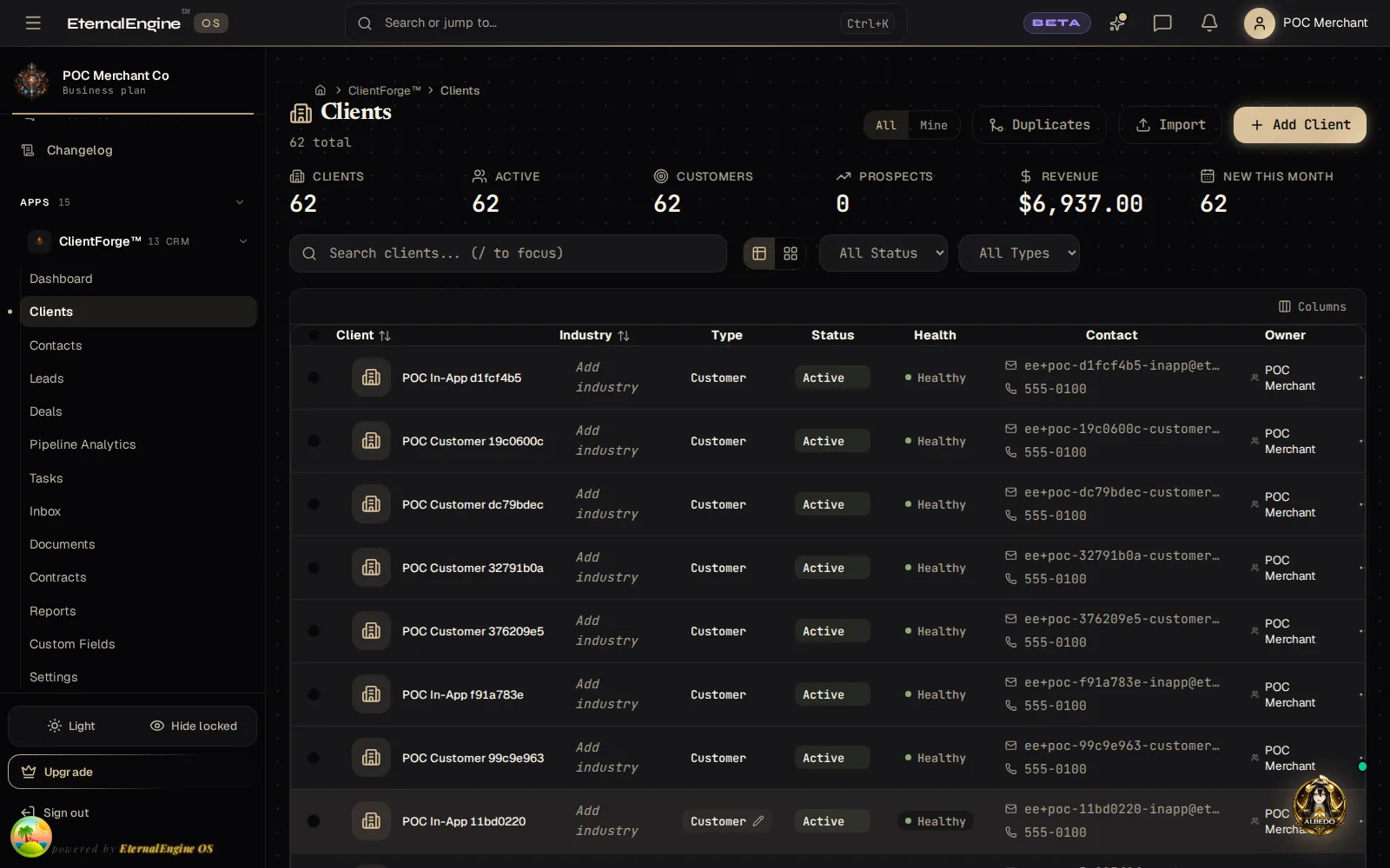 Client list of 62 accounts with revenue, health status, contact email and owner