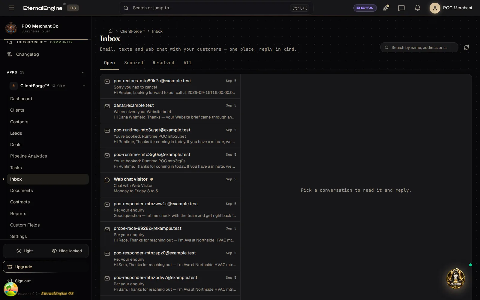 Shared inbox listing customer conversations with subjects, senders and reply status