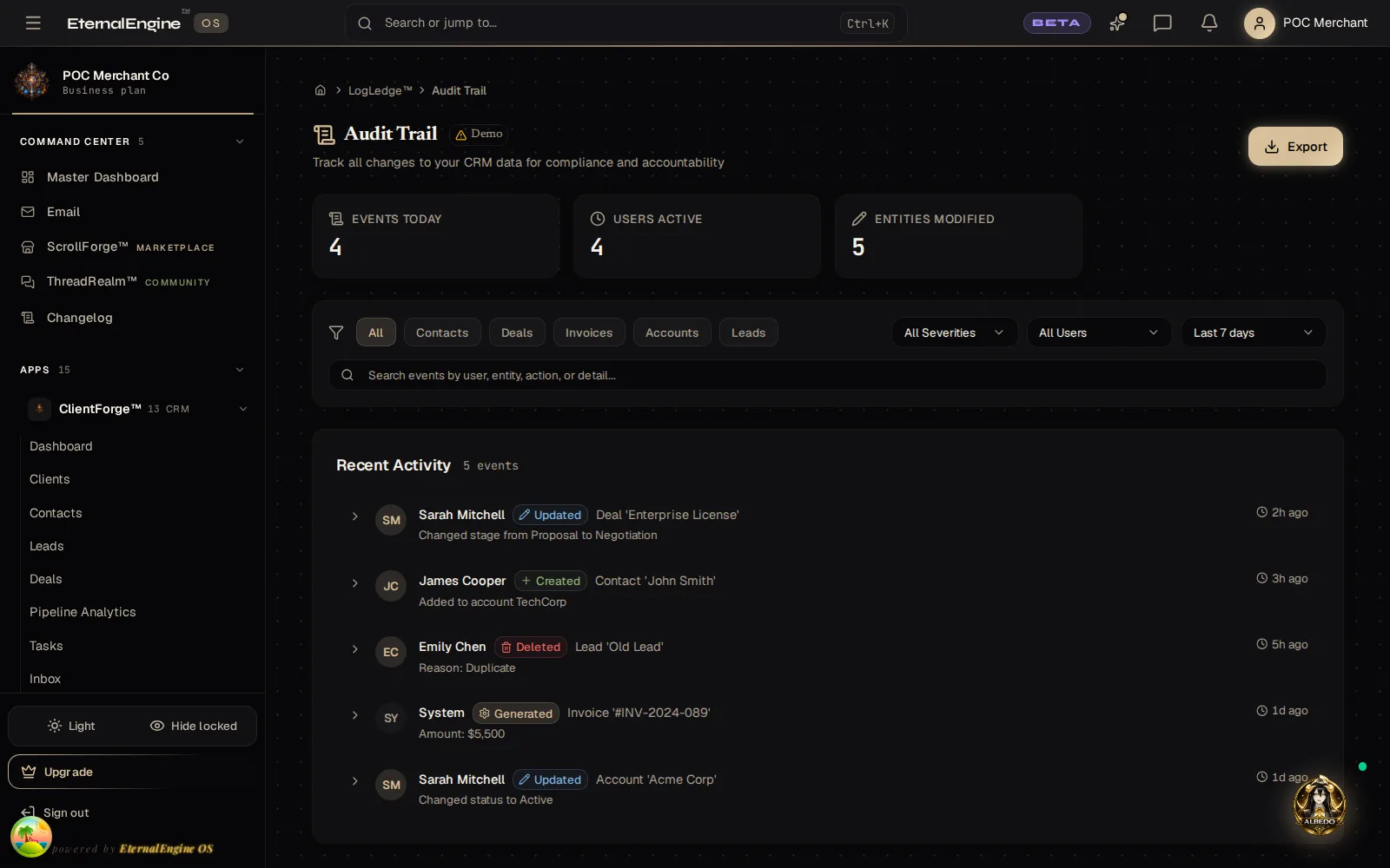 Audit trail listing every change to customer data with who made it and when