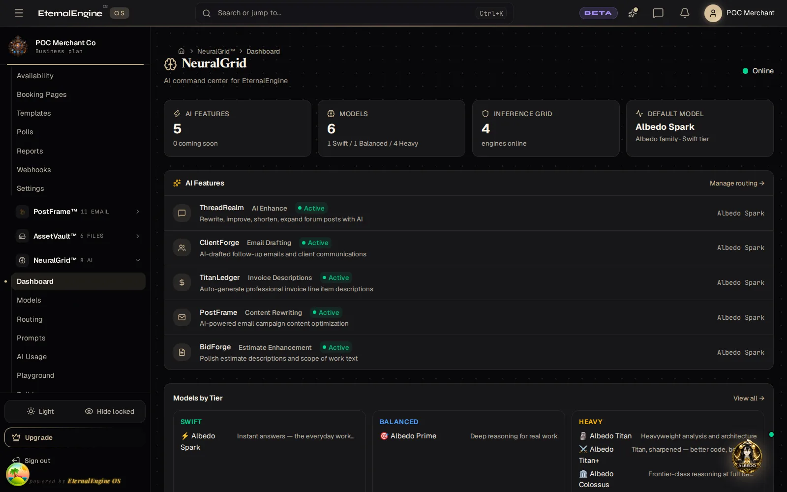 AI command centre showing five active AI features and the models routing them
