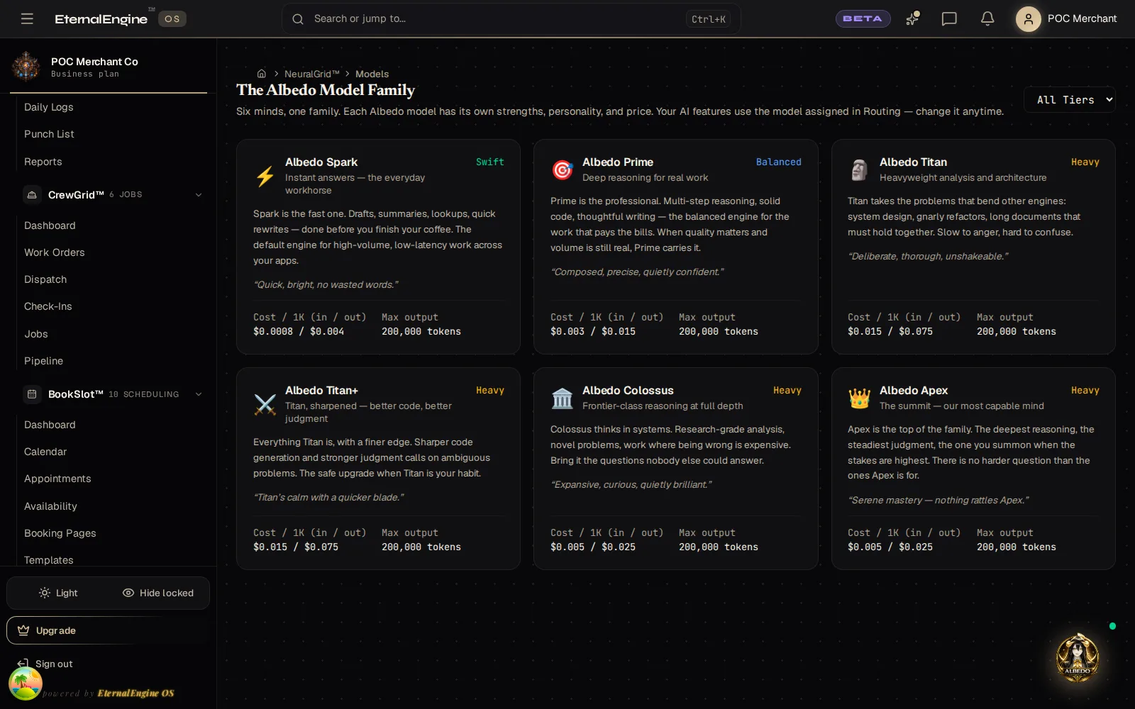 Six AI model cards from quick answers to heavyweight analysis, each with its tier
