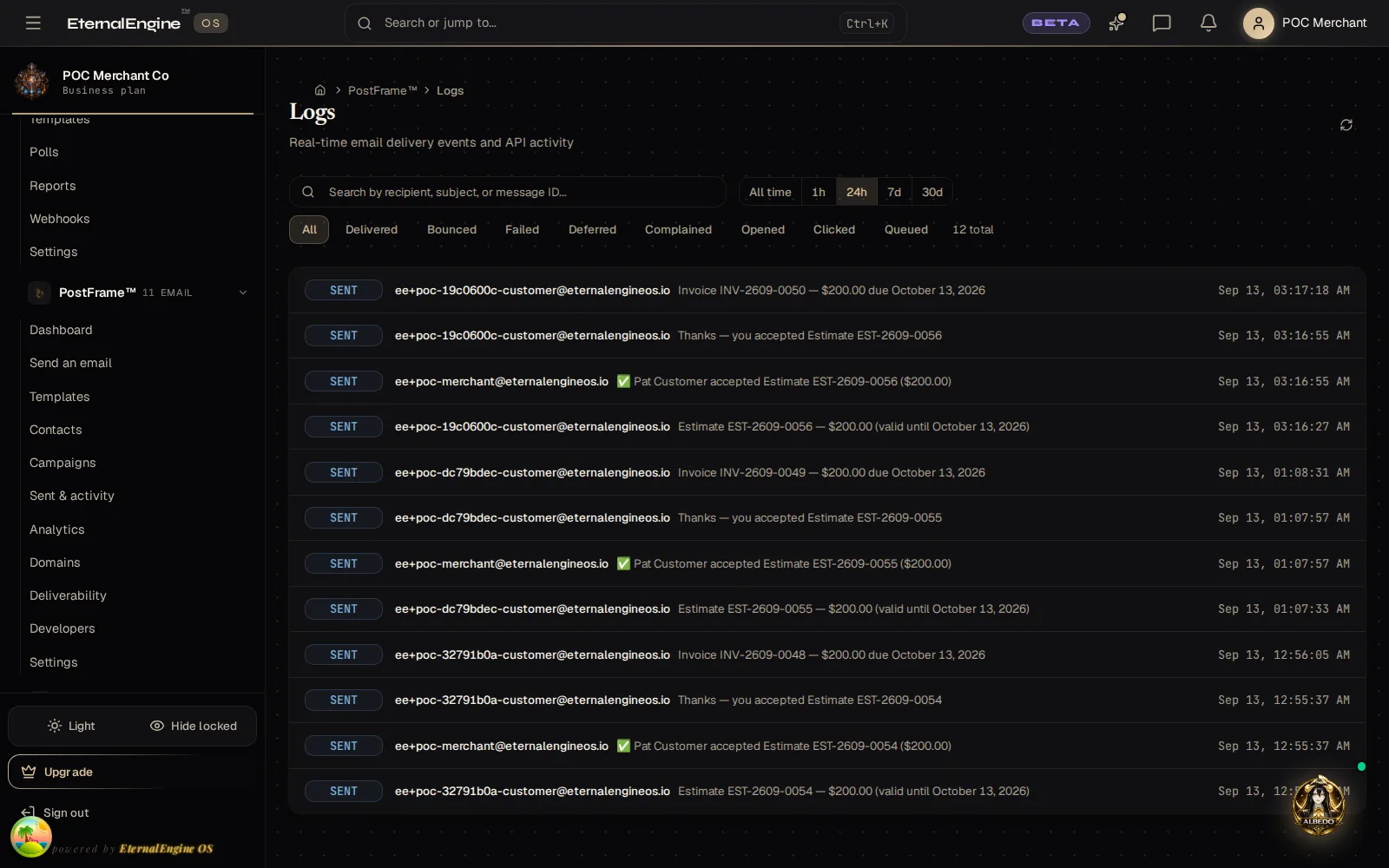 Real-time delivery log with sent events, recipients and subject lines