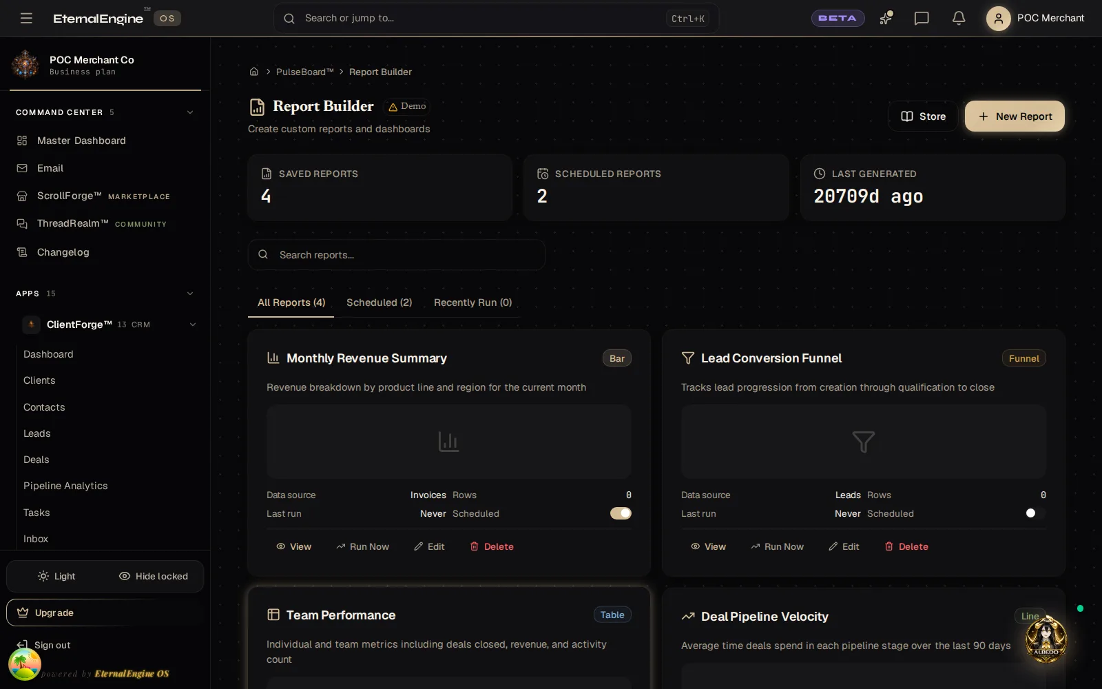Report builder with four saved reports such as monthly revenue summary and lead funnel