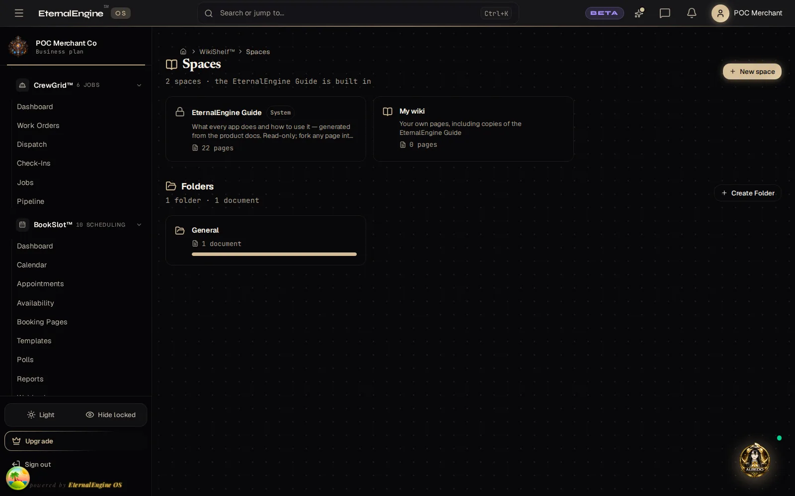 Wiki spaces including the built-in 22-page EternalEngine guide and a team wiki